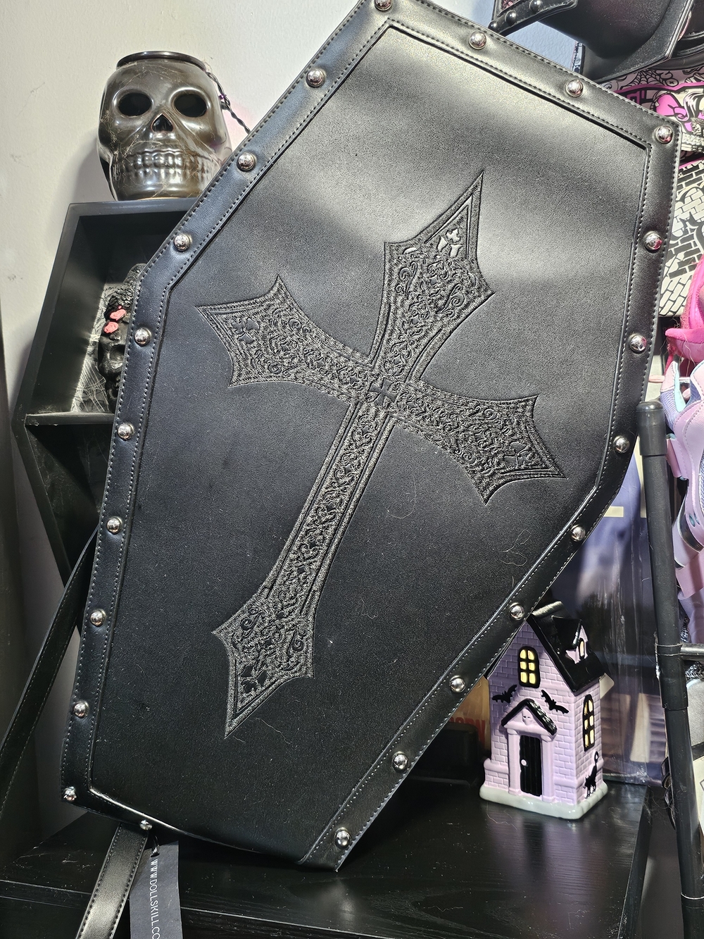 Black Gothic Coffin Weekender with Embossed Cross